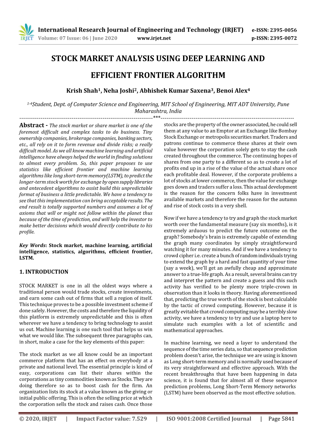 Stock Market Analysis Using Deep Learning and Efficient Frontier Algorithm