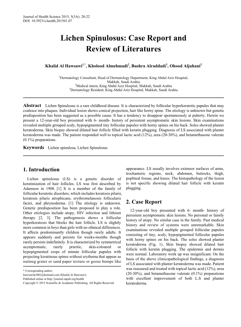 Lichen Spinulosus: Case Report and Review of Literatures