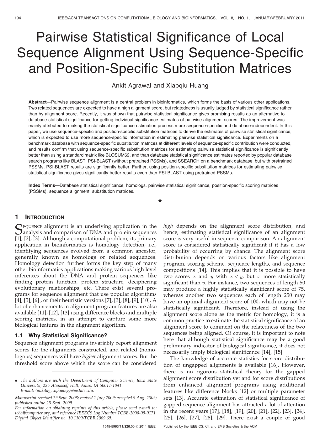 Pairwise Statistical Significance of Local Sequence Alignment Using Sequence-Specific and Position-Specific Substitution Matrices