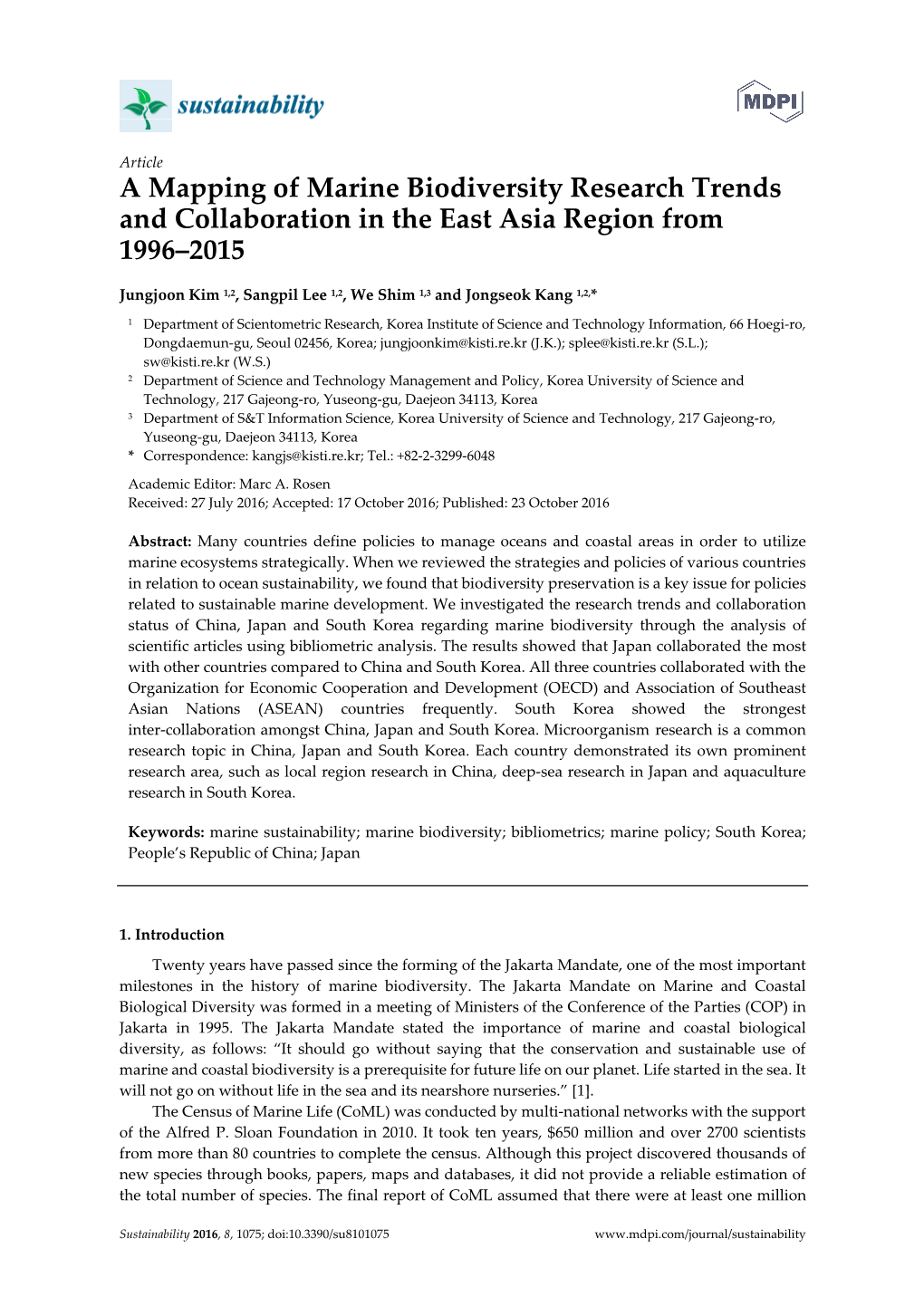 A Mapping of Marine Biodiversity Research Trends and Collaboration in the East Asia Region from 1996–2015