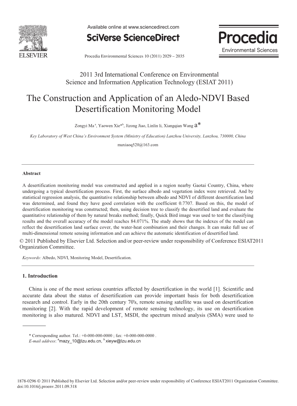 The Construction and Application of an Aledo-NDVI Based Desertification Monitoring Model