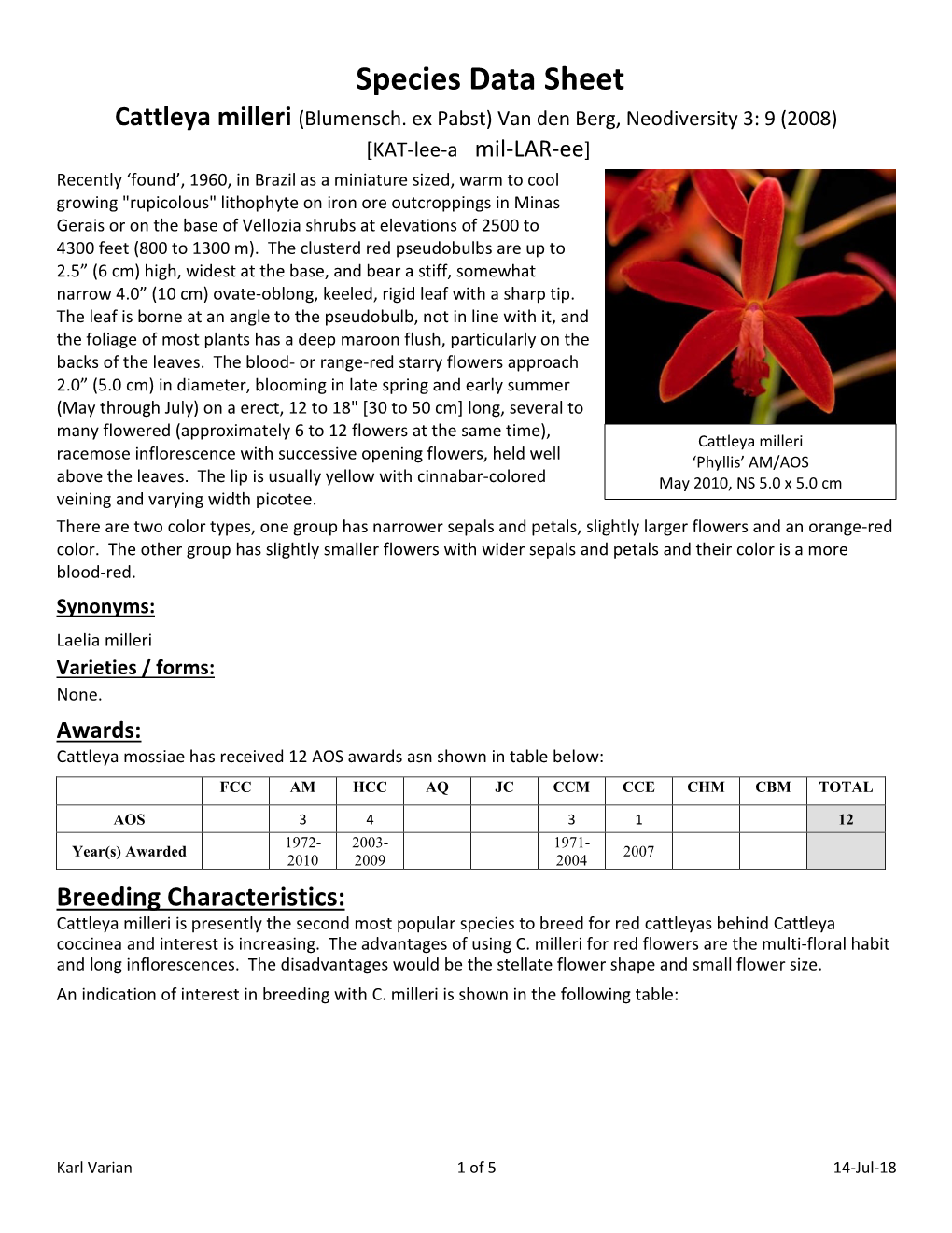 Species Data Sheet Cattleya Milleri (Blumensch