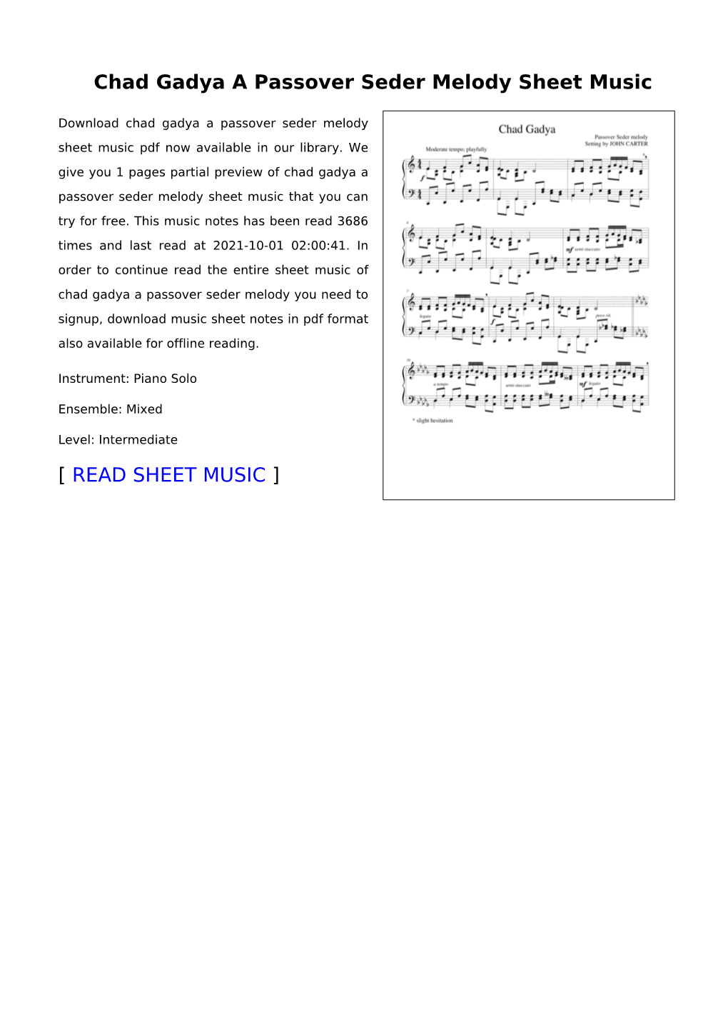 Chad Gadya a Passover Seder Melody Sheet Music