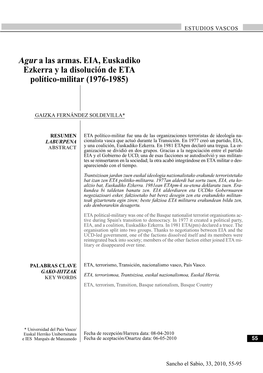 Agur a Las Armas. EIA, Euskadiko Ezkerra Y La Disolución De ETA Político-Militar (1976-1985)
