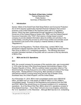 The Bank of East Asia, Limited Tailored Resolution Plan Public Section Summary of Resolution Plan