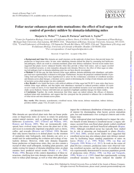 The Effect of Leaf Sugar on the Control of Powdery Mildew by Domatia-Inhabiting Mites