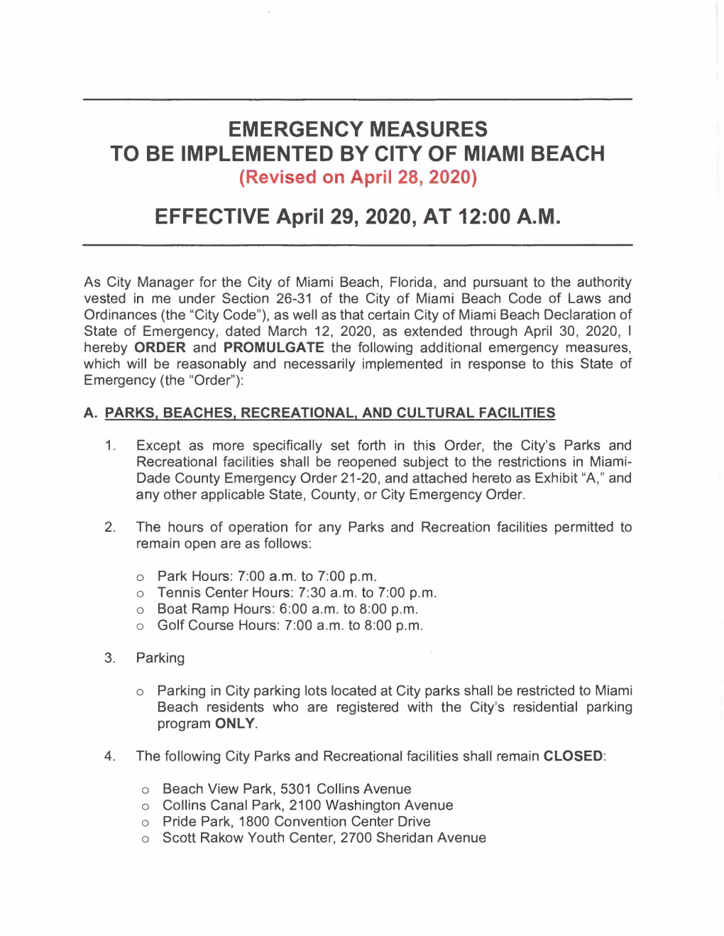 Emergency Measures Effective April 29, 2020