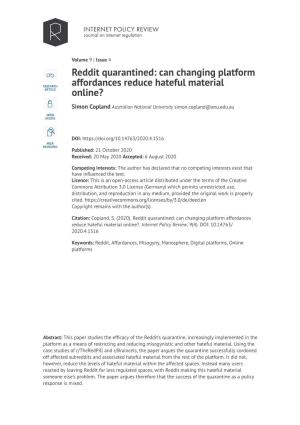 Reddit Quarantined: Can Changing Platform Affordances Reduce Hateful Material Online?