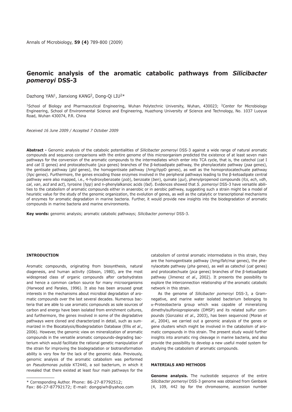 Genomic Analysis of the Aromatic Catabolic Pathways from Silicibacter Pomeroyi DSS-3