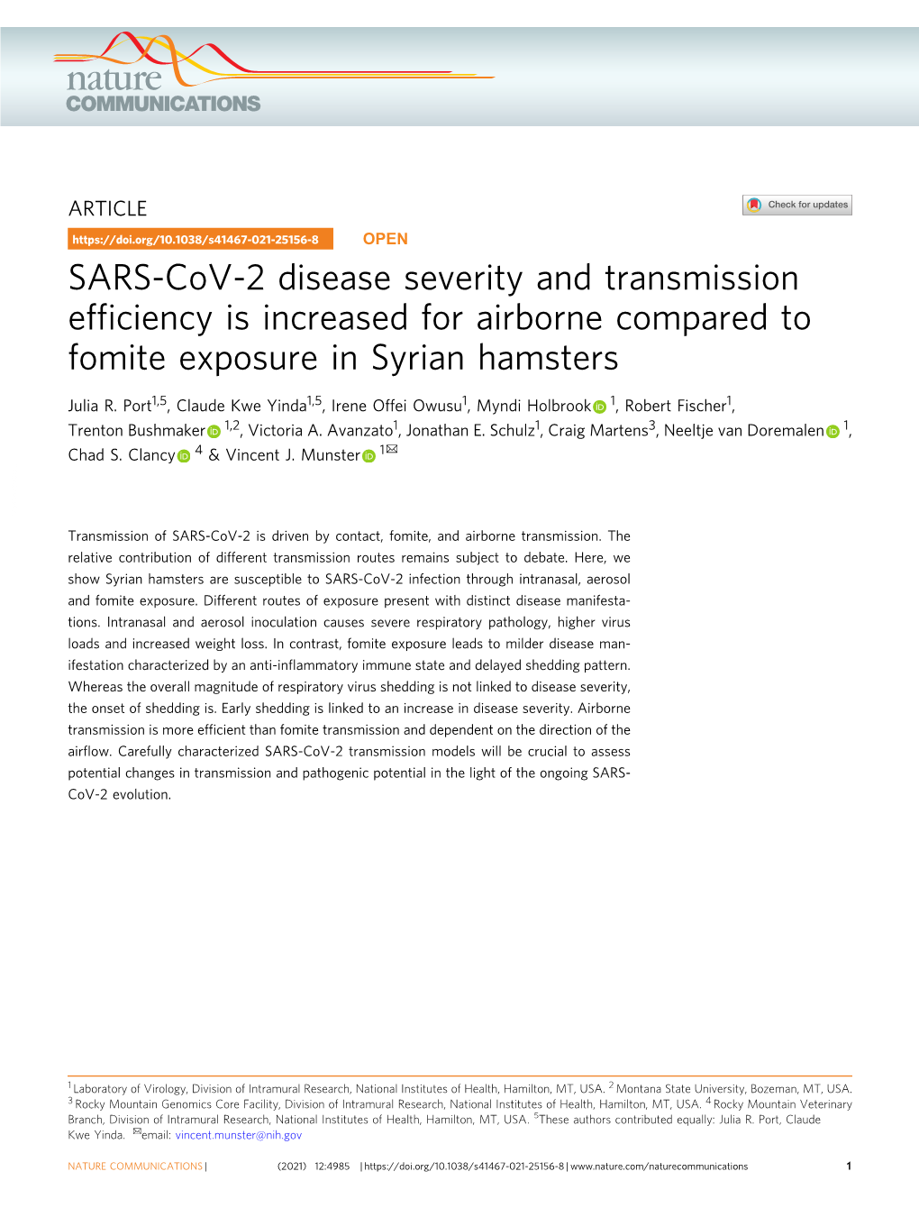 SARS-Cov-2 Disease Severity and Transmission Efficiency Is Increased for Airborne Compared to Fomite Exposure in Syrian Hamsters