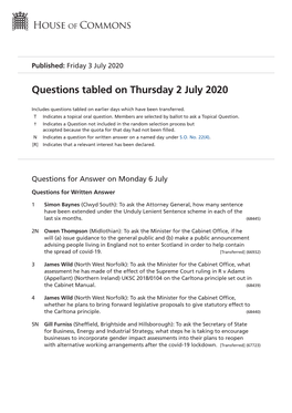 Questions Tabled on Thu 2 Jul 2020