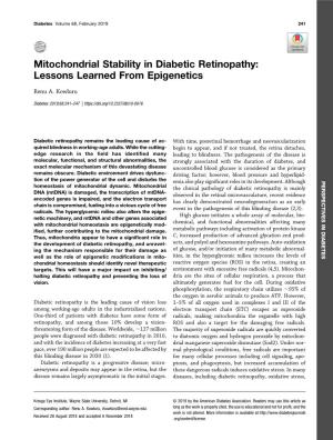 Mitochondrial Stability in Diabetic Retinopathy: Lessons Learned from Epigenetics