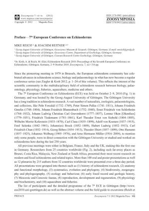 Proceedings of the Seventh European Conference on Echinoderms, Göttingen, Germany, 2–9 October 2010