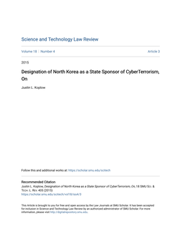 Designation of North Korea As a State Sponsor of Cyberterrorism, On