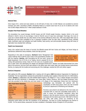 EMERGENCY RESPONSE 2011 District: SANGHAR Situation Report
