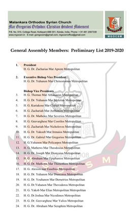 General Assembly Members Preliminary List 2019-2020