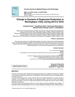 Change in Scenario of Sugarcane Production in Narsinghpur, India, During 2013 to 2016