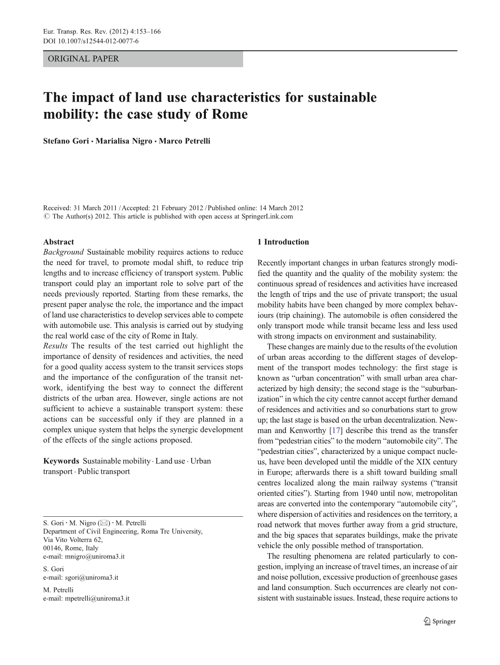 The Impact of Land Use Characteristics for Sustainable Mobility: the Case Study of Rome