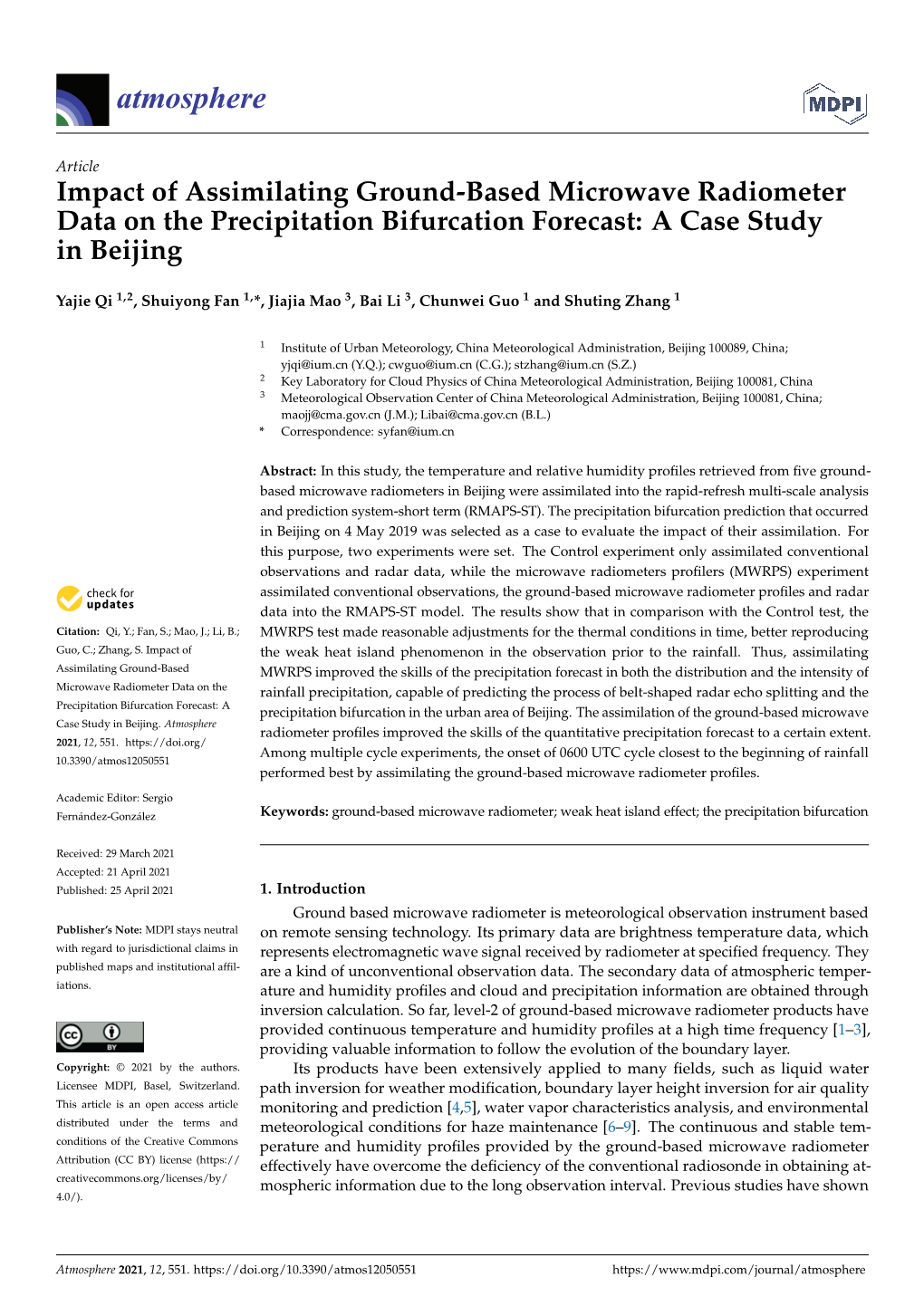 Impact of Assimilating Ground-Based Microwave Radiometer Data on the Precipitation Bifurcation Forecast: a Case Study in Beijing