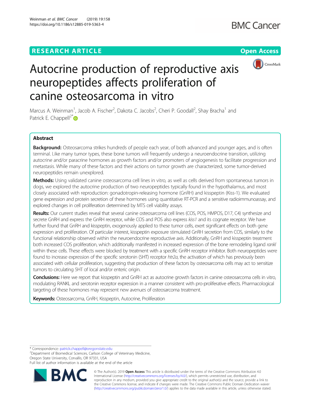 Autocrine Production of Reproductive Axis Neuropeptides Affects Proliferation of Canine Osteosarcoma in Vitro Marcus A