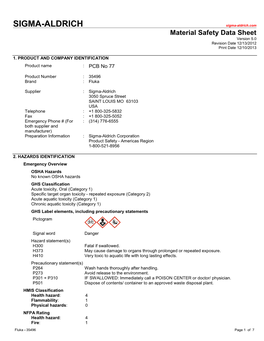 SIGMA-ALDRICH Sigma-Aldrich.Com Material Safety Data Sheet Version 5.0 Revision Date 12/13/2012 Print Date 12/10/2013