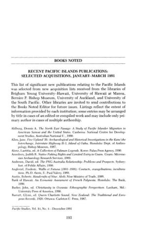 Recent Pacific Islands Publications: Selected Acquisitions, January-March 1991