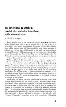 An American Courtship: Psychologists and Advertising Theory in the Progressive Era A