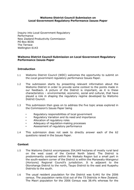 Waitomo District Council Submission on Local Government Regulatory Performance Issues Paper