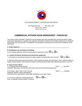 Commercial Kitchen Hood Worksheet / Checklist