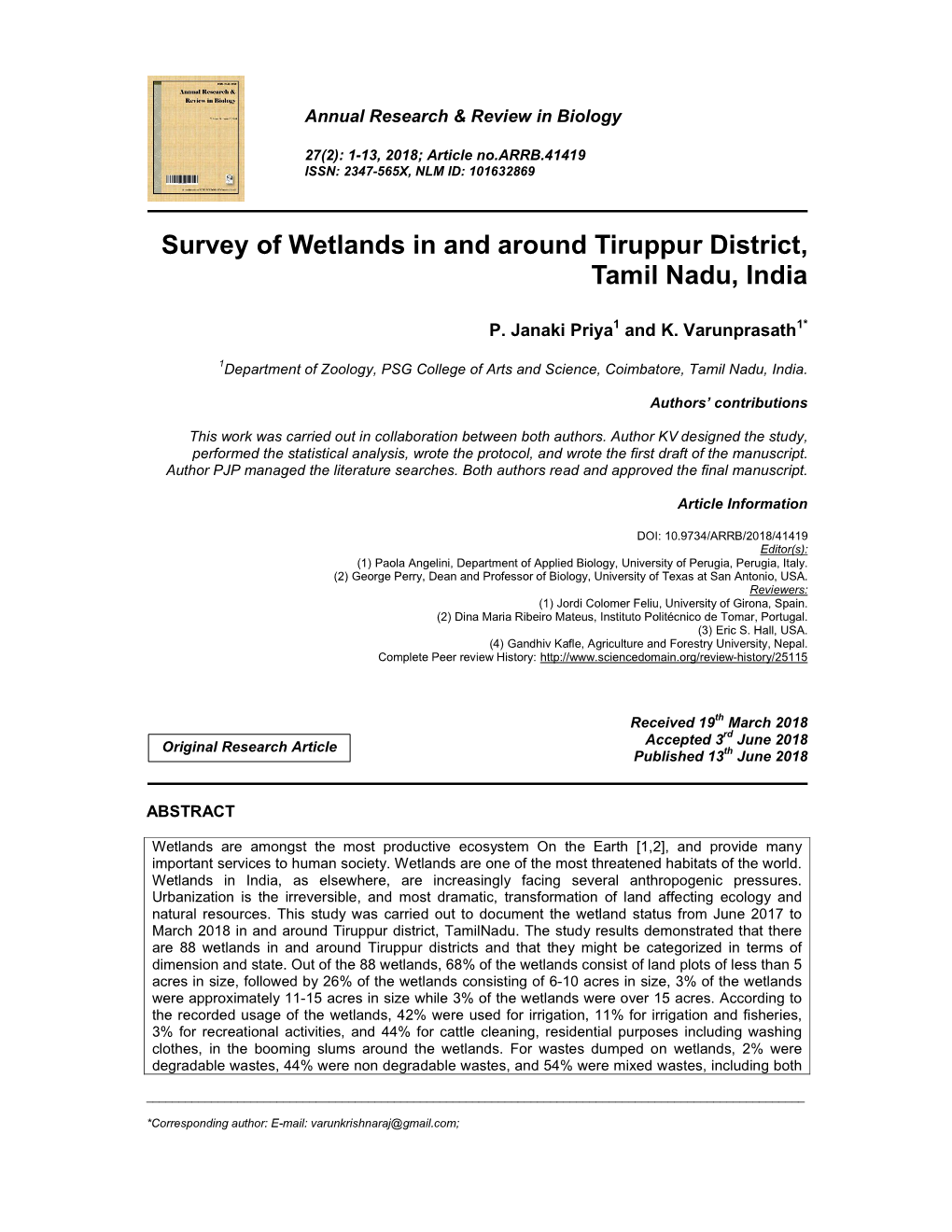 Survey of Wetlands in and Around Tiruppur District, Tamil Nadu, India