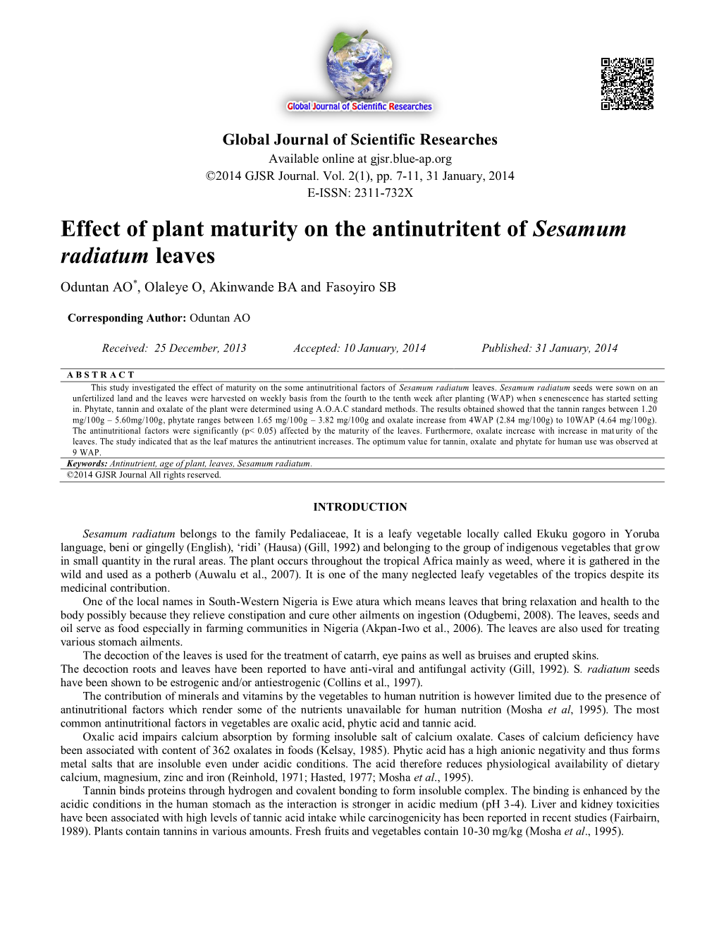 Effect of Plant Maturity on the Antinutritent of Sesamum Radiatum Leaves