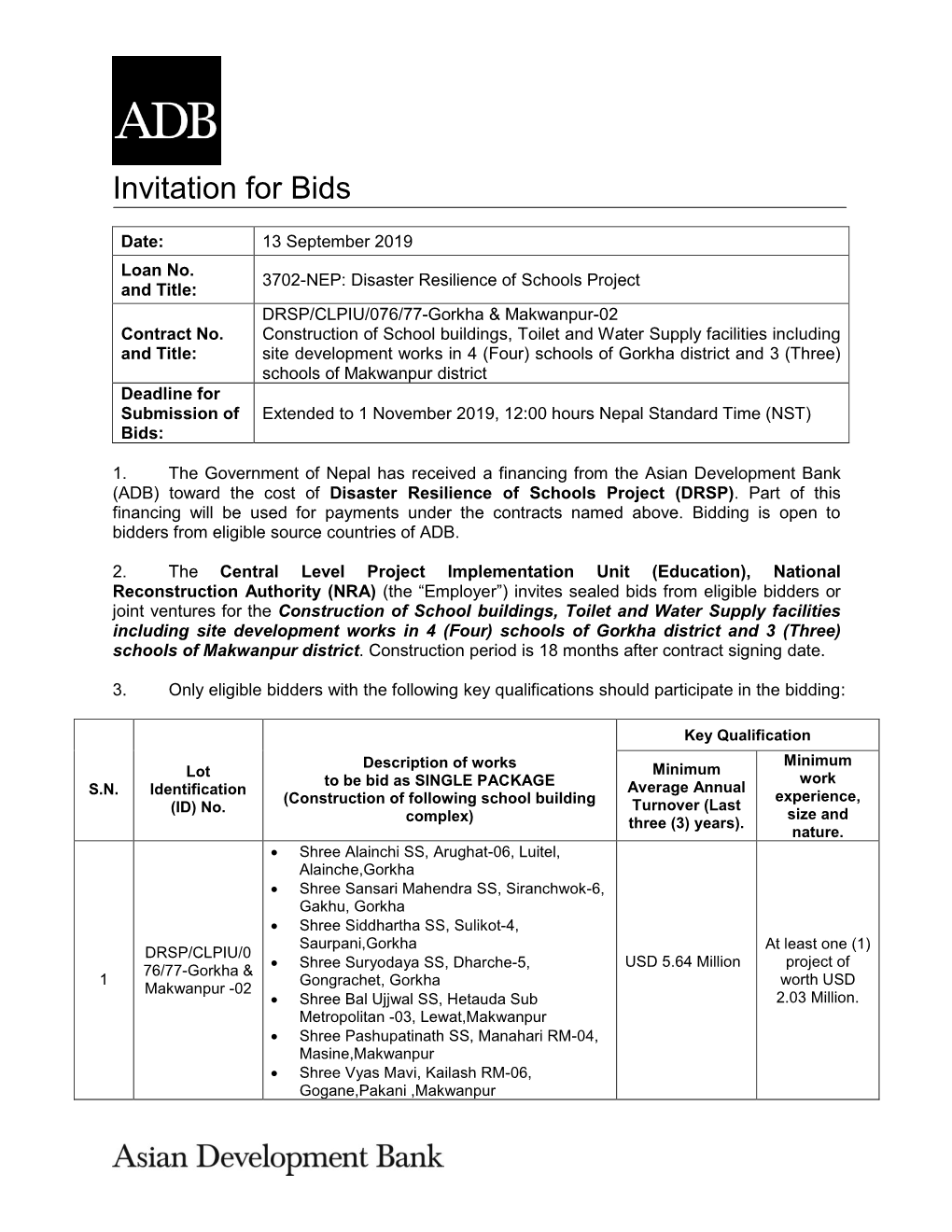 Disaster Resilience of Schools Project and Title: DRSP/CLPIU/076/77-Gorkha & Makwanpur-02 Contract No