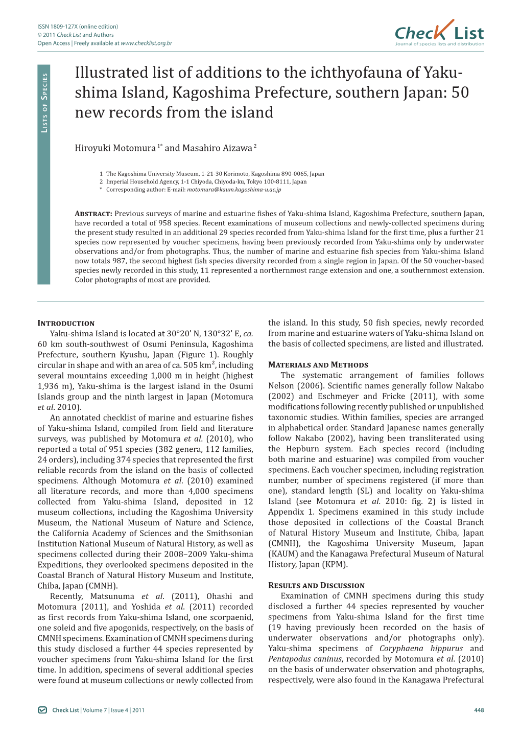 Chec List Illustrated List of Additions to the Ichthyofauna of Yaku- Shima