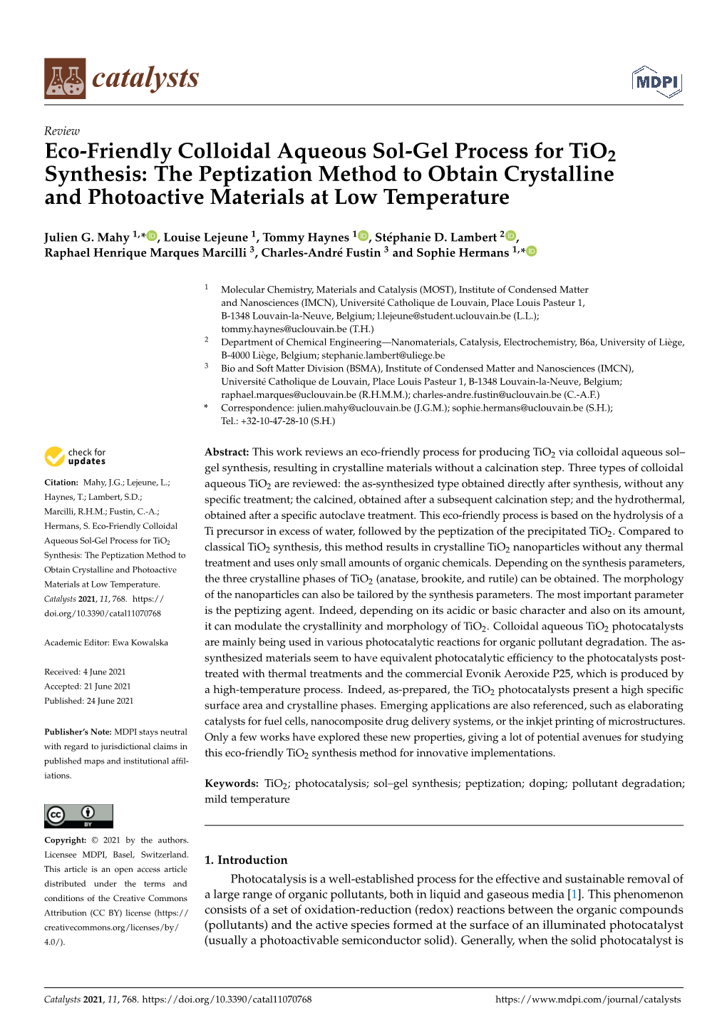 Eco-Friendly Colloidal Aqueous Sol-Gel Process for Tio2 Synthesis: the Peptization Method to Obtain Crystalline and Photoactive Materials at Low Temperature