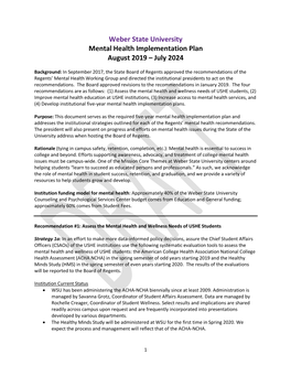 Weber State University Mental Health Implementation Plan August 2019 – July 2024