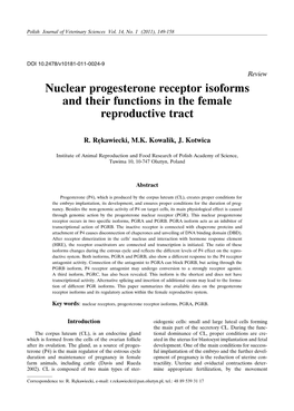 Nuclear Progesterone Receptor Isoforms and Their Functions in the Female Reproductive Tract