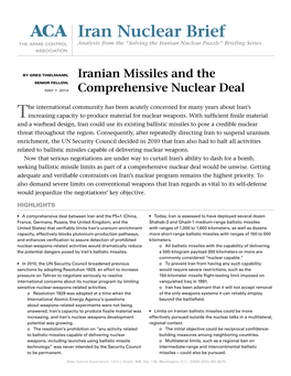 ACA Iran Nuclear Brief the ARMS CONTROL Analysis from the “Solving the Iranian Nuclear Puzzle” Briefing Series ASSOCIATION