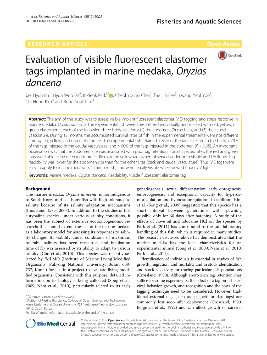 Evaluation of Visible Fluorescent Elastomer Tags Implanted in Marine Medaka, Oryzias Dancena
