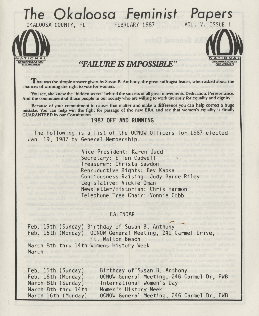 The Oka/Oosa ,Feminist Papers OKALOOSA COUNTY, FL FEBRUARY 1987 VOL