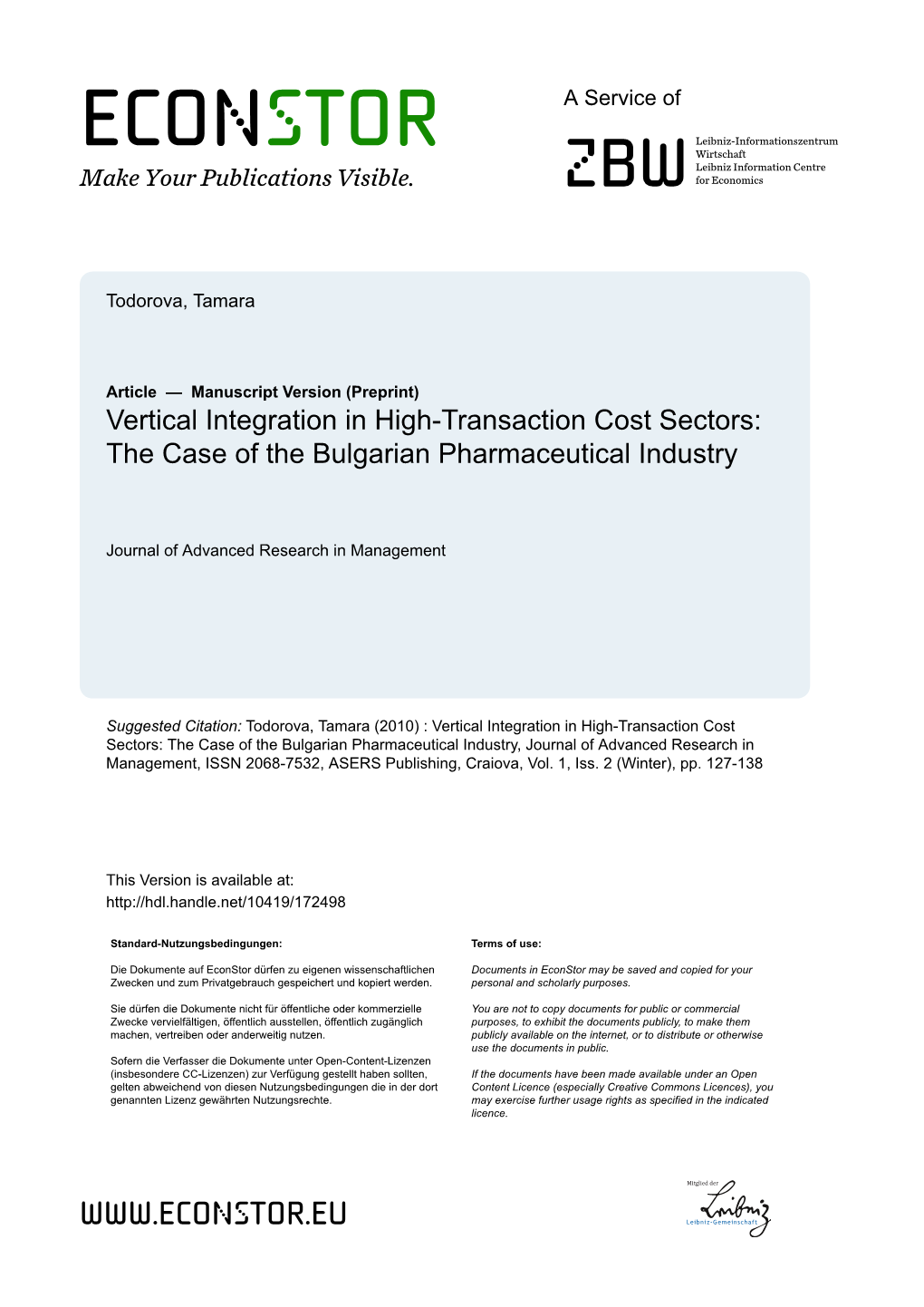 Vertical Integration in High-Transaction Cost Sectors: the Case of the Bulgarian Pharmaceutical Industry