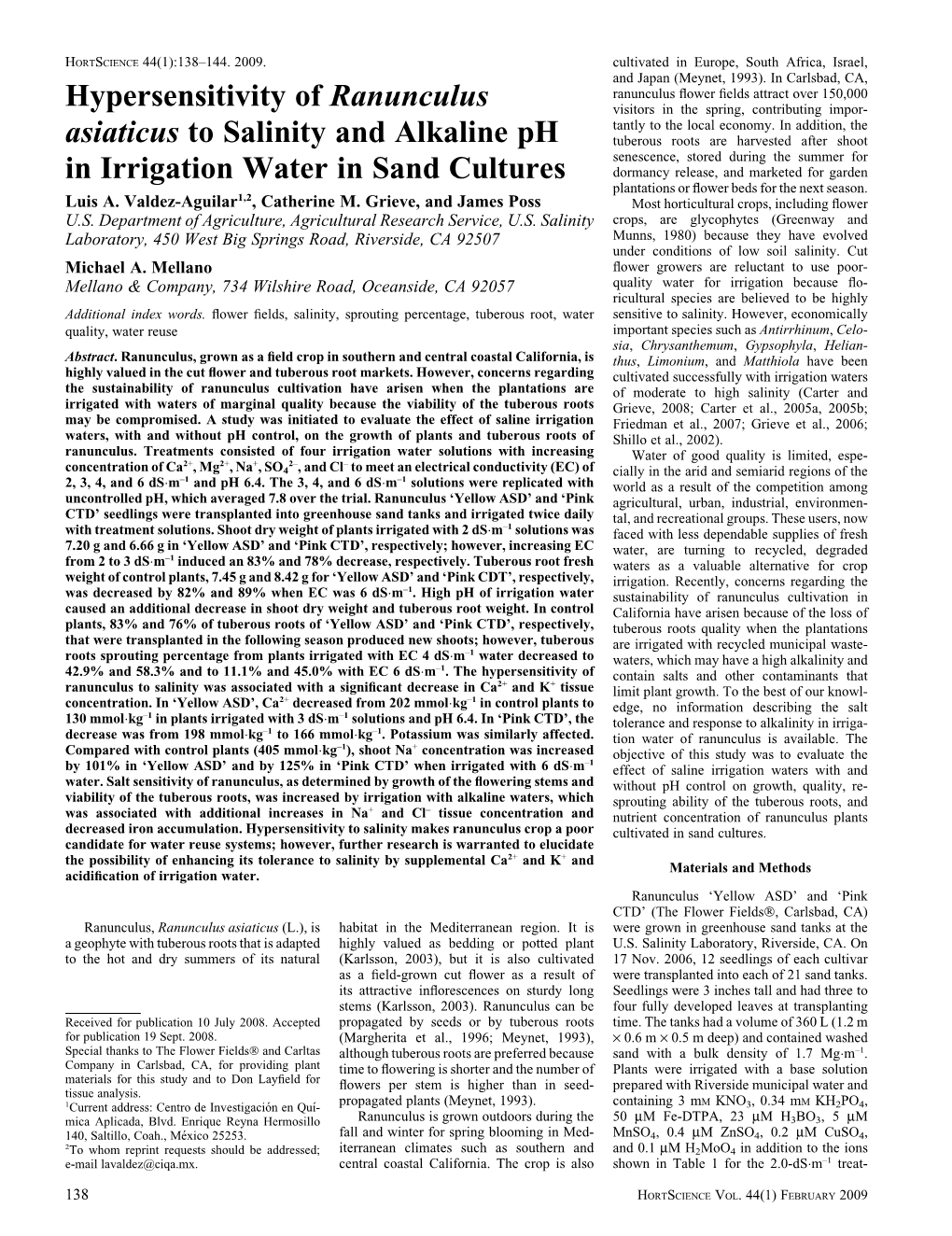 Hypersensitivity of Ranunculus Asiaticus to Salinity and Alkaline Ph in Irrigation Water in Sand Cultures