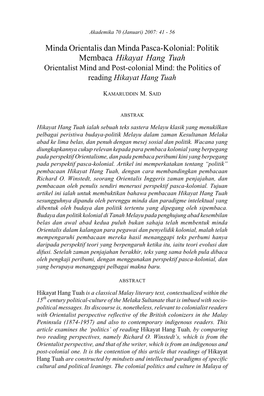 Politik Membaca Hikayat Hang Tuah Orientalist Mind and Post-Colonial Mind: the Politics of Reading Hikayat Hang Tuah