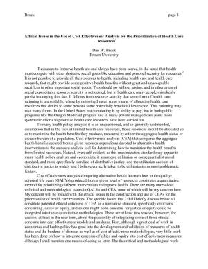 Ethical Issues in the Use of Cost Effectiveness Analysis for the Prioritization of Health Care Resources1