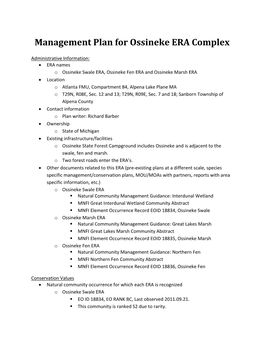 Management Plan for Ossineke ERA Complex