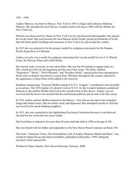 1996 Audrey Munson, Was Born in Mexico, New York in 1891 to Edger and Catherine Mahaney Munson. She Attended the Local Me