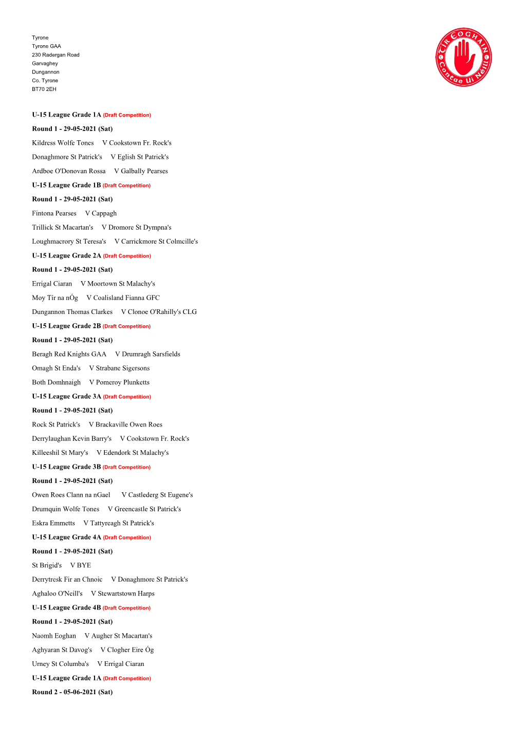 U15 League Fixtures