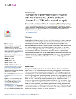 Interactions of Pharmaceutical Companies with World Countries, Cancers and Rare Diseases from Wikipedia Network Analysis