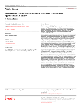 Precambrian Evolution of the Avalon Terrane in the Northern Appalachians: a Review R