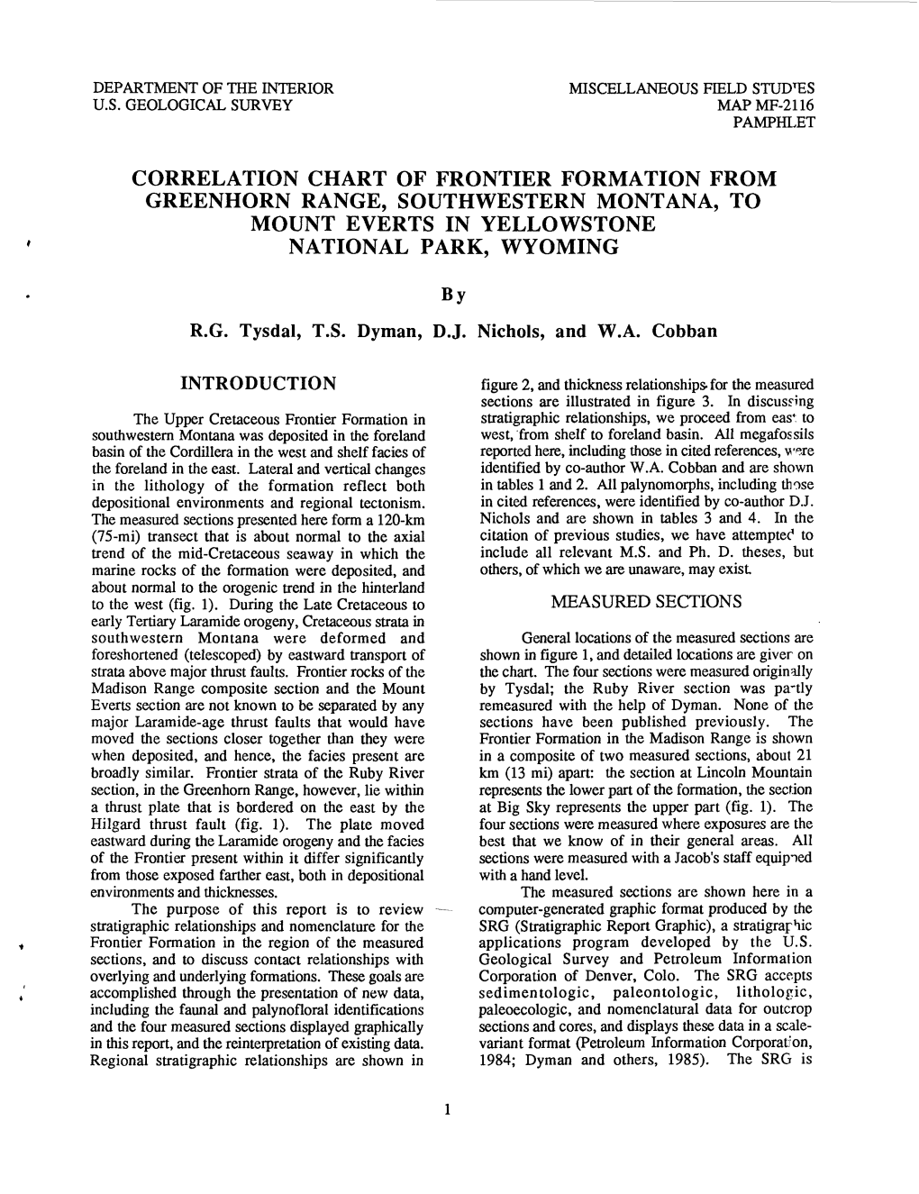 Correlation Chart of Frontier Formation from Greenhorn Range, Southwestern Montana, to Mount Everts in Yellowstone National Park, Wyoming