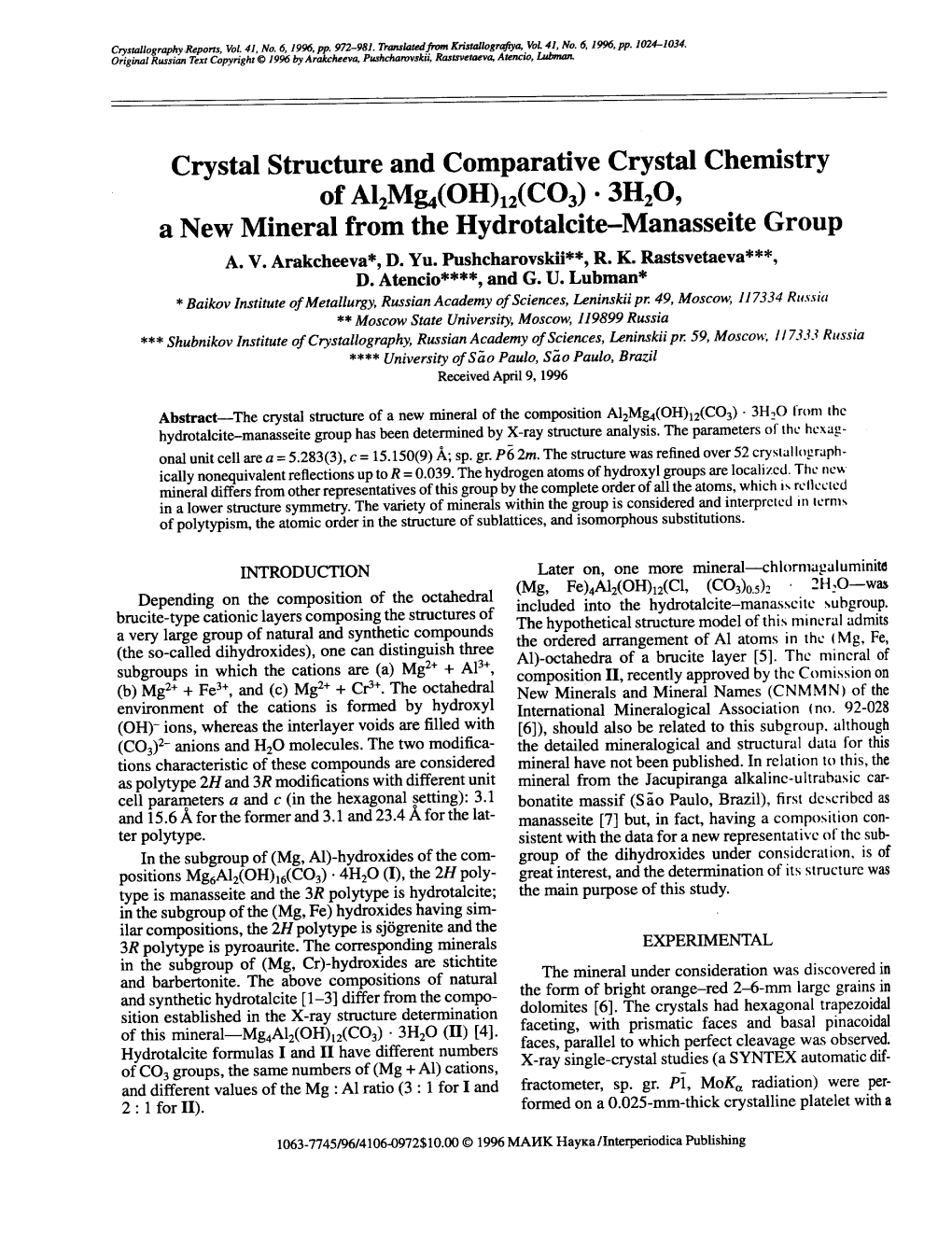 Crystal Structure and Comparative Crystal Chemistry of AI2M~(OH)12(C03) · 3H20, a New Mineral from the Hydrotalcite-Manasseite Group A